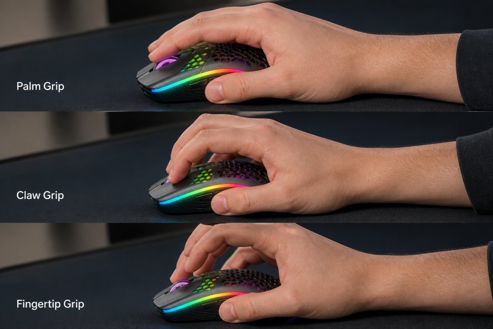 Close-up of three different hands demonstrating palm grip with full hand contact on mouse, claw grip with arched fingers hovering above surface, and fingertip grip with only fingertips touching the mouse