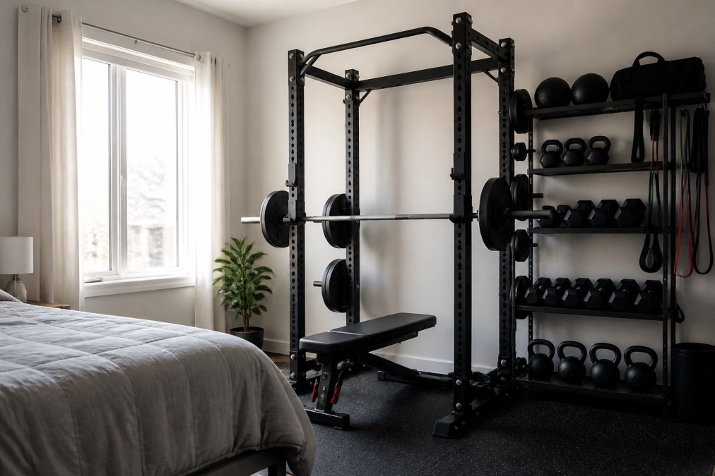 Professional illustration showing compact and home and gym concepts for home fitness gear