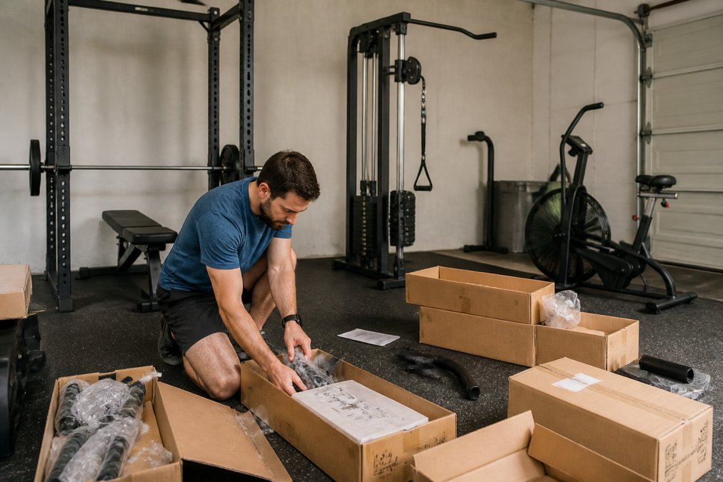 Professional illustration showing well-organized and home and gym concepts for home fitness gear