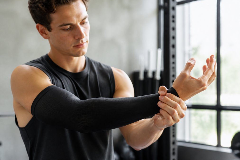 Athlete trying on compression sleeve, checking snug fit against forearm and wrist, demonstrating proper placement with natural studio lighting