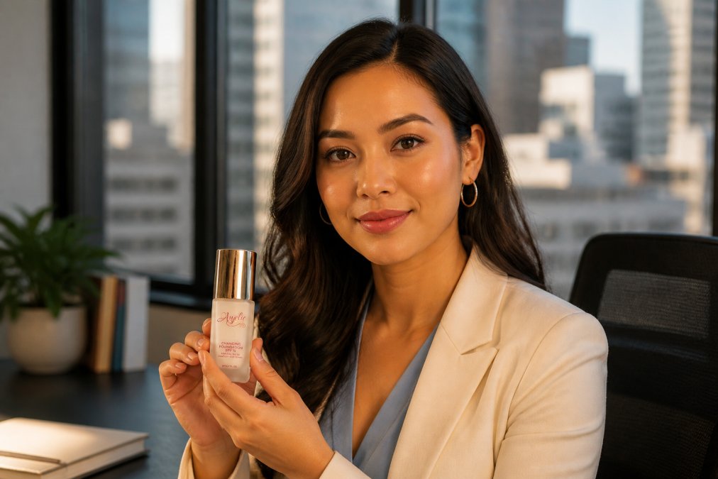 Professional woman at her desk during late afternoon, makeup still flawless and vibrant after a full workday, natural office lighting showing no fading, creasing, or oxidation