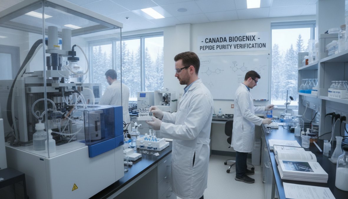 Close-up of a laboratory technician examining a peptide sample vial under precise analytical equipment lighting, with HPLC instrumentation and batch documentation visible in the background
