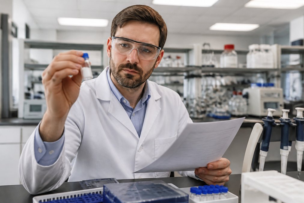 A scientist in a modern laboratory carefully examining a vial of lyophilized peptide powder while holding a document with analytical data, bright overhead lighting, white lab coat