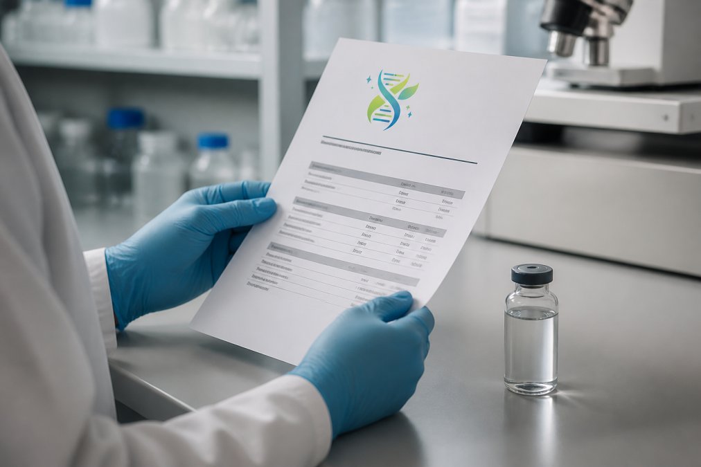 Close-up of a researcher's hands holding a printed Certificate of Analysis document next to a laboratory vial with clear liquid, sterile lab bench and soft overhead lighting in the background