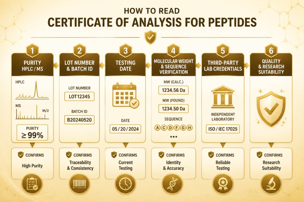 Buy High Purity Peptides Online: Verification Guide Flowchart showing the key sections of a Certificate of Analysis: purity percentage via HPLC/mass spectrometry, lot number and batch identifier, testing date, molecular weight and sequence verification, third-party lab credentials, and how each element confirms peptide quality and research suitability