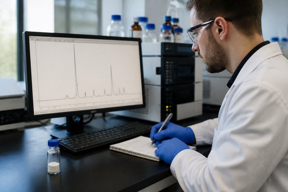 A scientist in a lab coat examining a computer screen displaying an HPLC chromatogram, with a vial of lyophilized peptide powder on the bench nearby