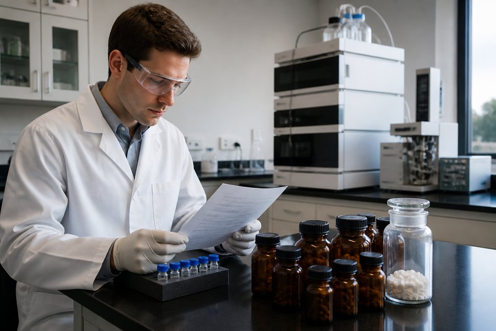 Laboratory technician in white coat examining a Certificate of Analysis document at a modern workbench, with lyophilised peptide vials in amber bottles and HPLC equipment visible in soft laboratory lighting