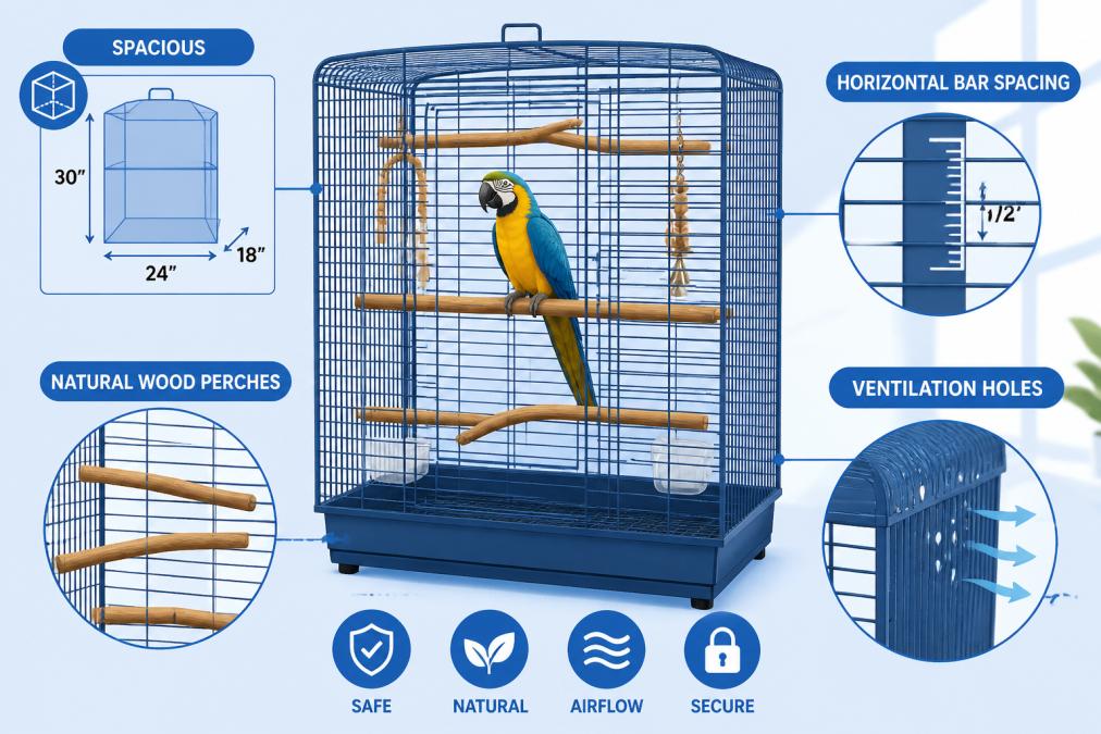 Spacious bird cage with multiple natural wood perches, horizontal bar spacing, ventilation holes visible, and a healthy parrot perched inside in bright natural light