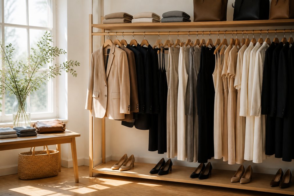 Woman's closet displaying an organized capsule wardrobe with neutral-toned blazers, trousers, and dresses hanging neatly on a wooden rack, with natural light streaming through a window