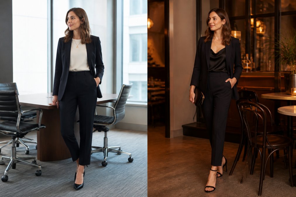 Professional woman wearing a tailored blazer and structured trousers in an office setting, then the same pieces styled differently with evening accessories and a different top for after-work drinks