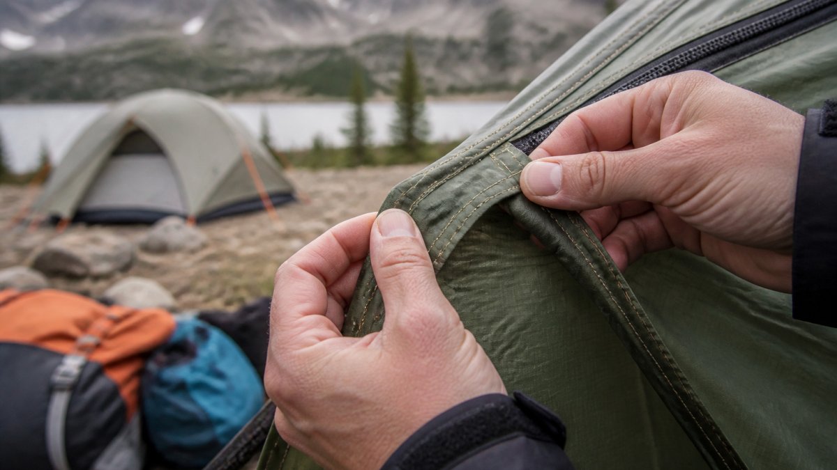 Close-up of hands inspecting the stitching and zipper on a camping tent seam, with a campsite visible in the soft-focus background