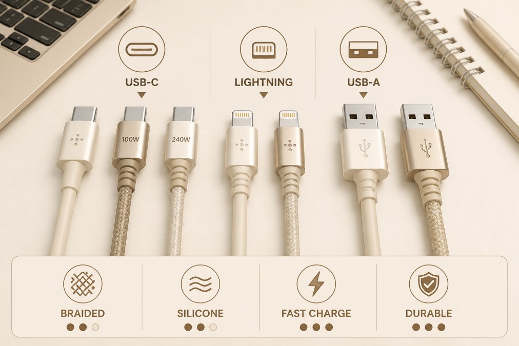 Close-up of various premium charging cables arranged on a workspace showing different connector types including USB-C, Lightning, and USB-A, with braided nylon and silicone jackets visible, natural office lighting