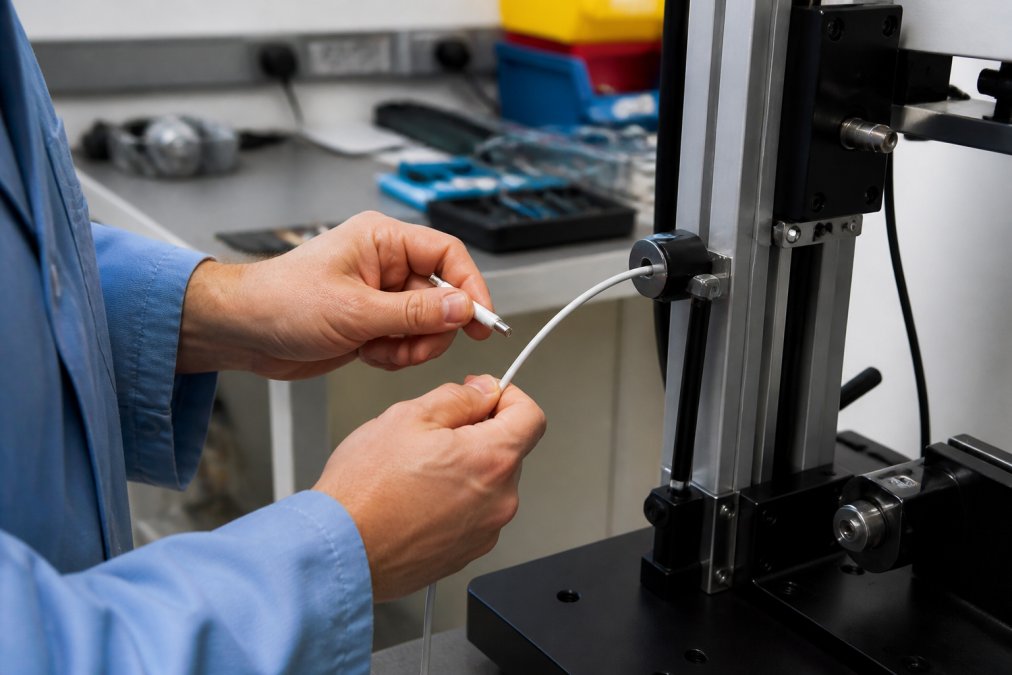 Hands performing durability testing on a charging cable, bending it repeatedly while monitoring for wear, with testing equipment visible in a laboratory workspace with controlled lighting