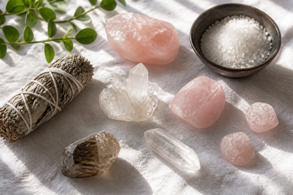 A flat lay of several crystals including rose quartz and clear quartz arranged on a white cloth next to a smudge stick and a small bowl of sea salt, photographed in warm natural window light