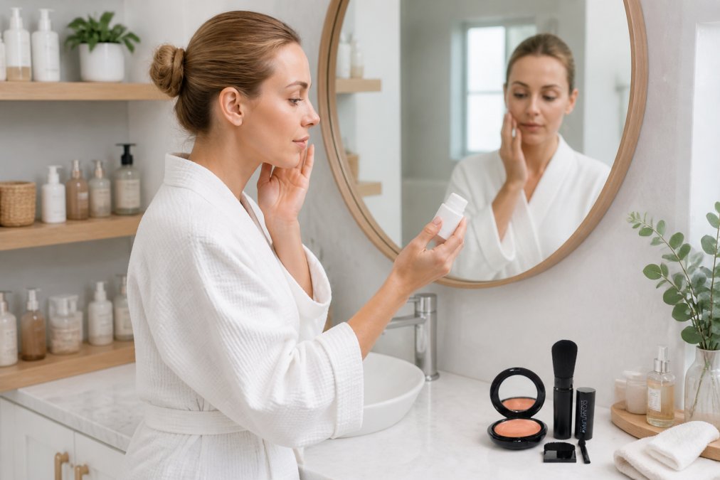 Woman applying skincare products in a bright, minimalist bathroom with organized beauty products on shelves, carefully reading a product label while looking in the mirror