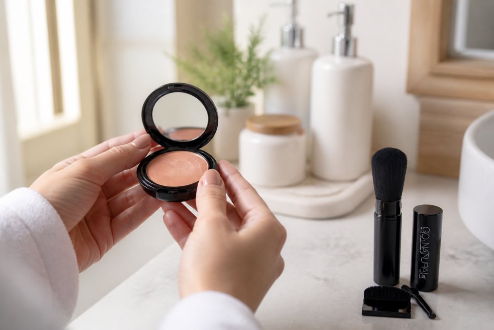 Close-up of hands holding a beauty product bottle with ingredient label clearly visible, natural morning light streaming through a window, minimalist bathroom background with organized skincare products