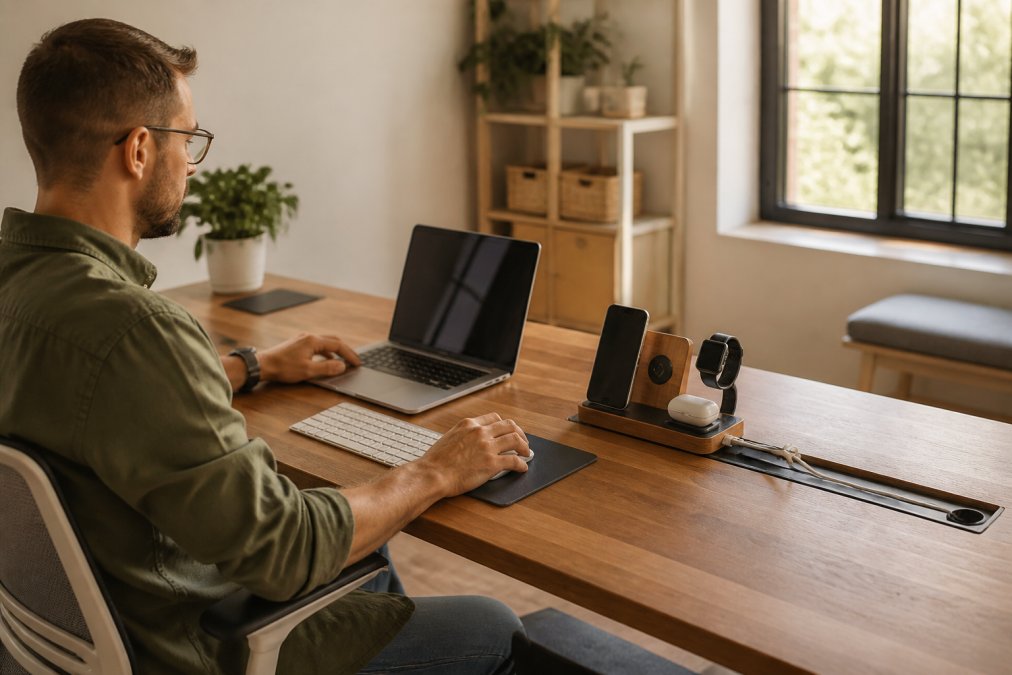 Remote worker sitting at a well-organized desk with multiple devices, wireless charging station, and cable management solutions visible, natural daylight streaming through a window