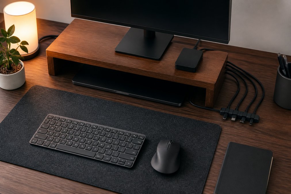 Close-up of a minimalist desk workspace showing organized cables, a monitor riser, ambient lighting, and neatly arranged accessories without visible clutter, shot from above