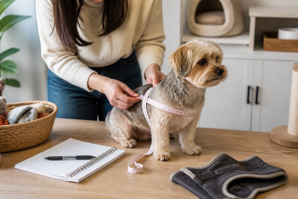 Close-up of a soft measuring tape being gently placed around a small dog's chest while owner's hands steady the dog, with natural indoor lighting
