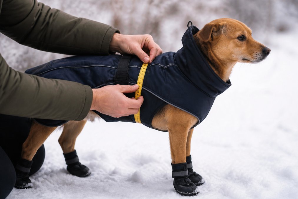 Dog standing outdoors in light snow wearing a fitted waterproof winter coat and boots, with owner's hands gently holding the measuring tape around the dog's chest area