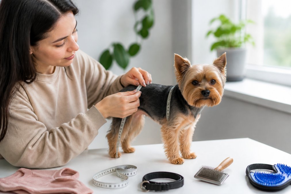 Pet owner carefully measuring a small dog's chest with a soft fabric measuring tape, dog standing calmly on a white background with natural window lighting