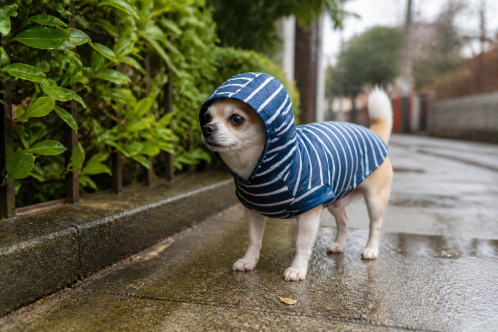 Small dog wearing a properly fitted striped winter hoodie standing on a sidewalk in light rain, water droplets visible on the waterproof fabric, dog looking comfortable and dry