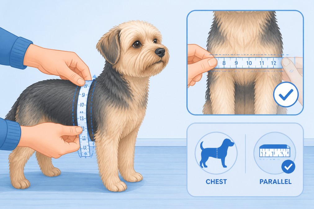 Close-up of hands positioning a soft measuring tape across a small dog's chest while the dog stands calmly on a wooden floor, showing proper measurement technique with the tape parallel to the ground