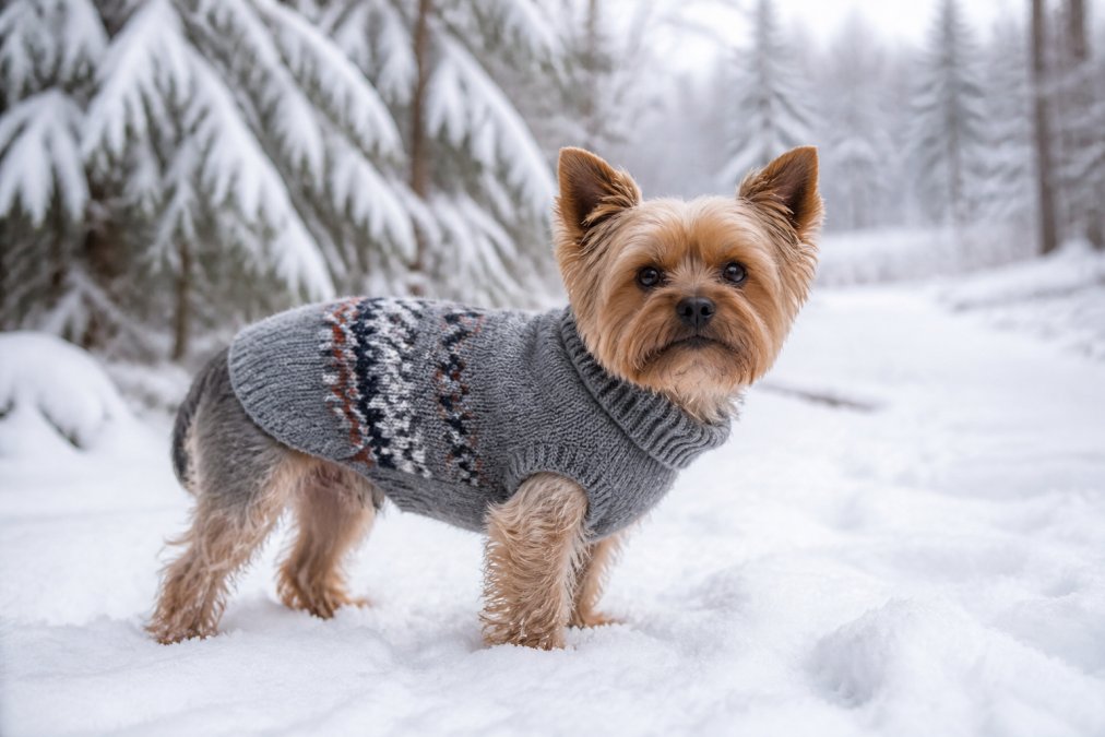 A small dog wearing a knitted winter sweater outdoors in a snowy setting, with snow-covered trees and winter landscape in the background, showing the sweater's fit, color, and how it covers the dog's back and sides