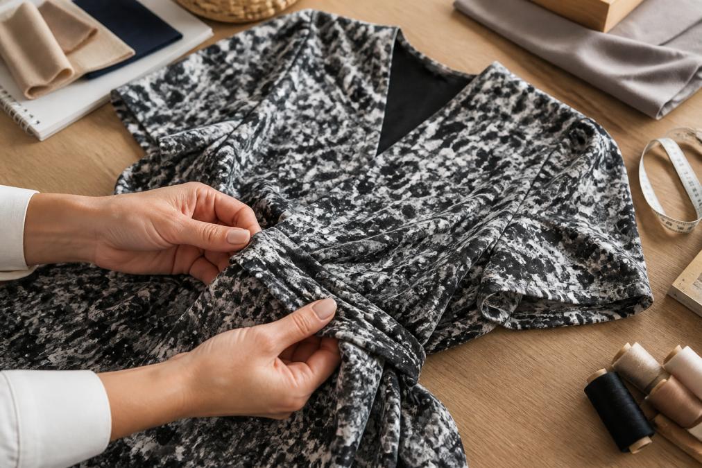 Close-up of hands inspecting fabric texture, running fingers along stitching detail on a folded garment to examine seam quality and material composition