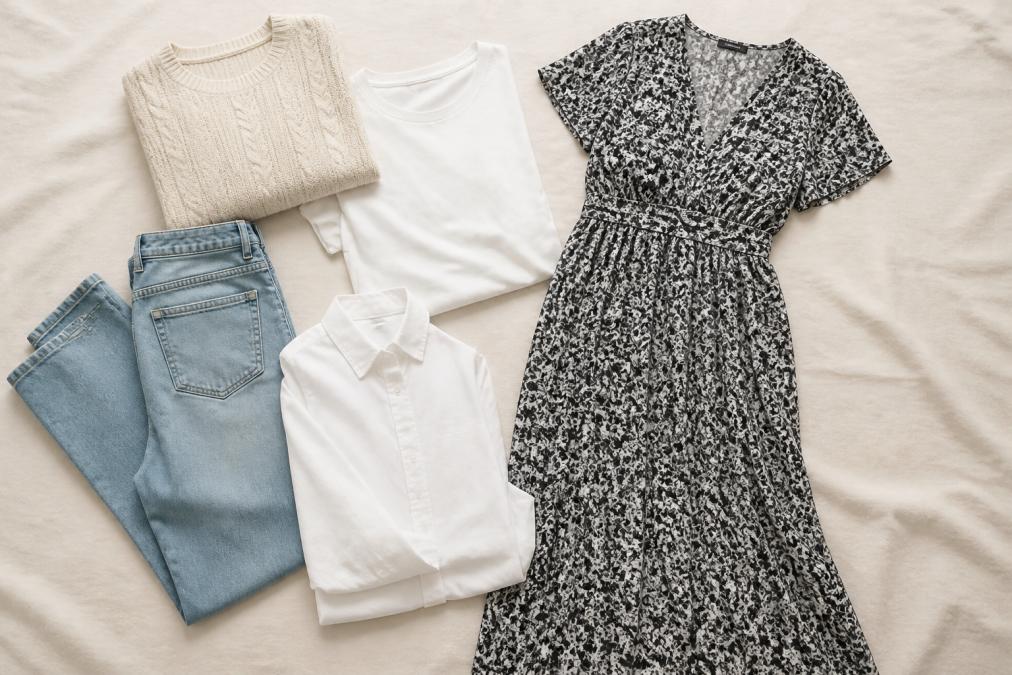 Flat lay of coordinated wardrobe basics arranged on light background: neutral-colored denim jeans, crisp white t-shirt, button-down shirt, cable knit dress, and soft sweater, showing how pieces coordinate and layer together