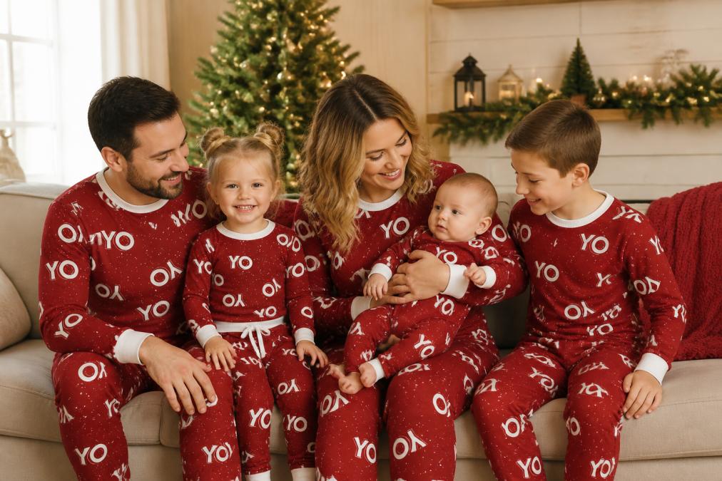 Multi-generational family wearing matching coordinating loungewear sets indoors, including a baby in a onesie, toddler in a matching set, older child, and two adults, posed together on a cozy living room couch with warm lighting and holiday decorations visible in the background