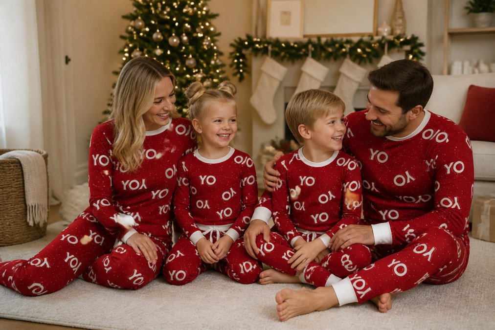 Family posed for a holiday photo shoot wearing matching festive loungewear sets, arranged naturally in a home setting with warm lighting, holiday decorations, and comfortable positioning that captures genuine connection and joy
