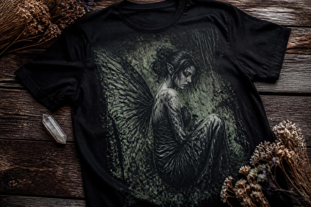 A close-up flat lay of a black graphic t-shirt featuring a detailed dark fairy design with green distressed splashes, placed on a rustic wooden surface with dried flowers and a small crystal nearby