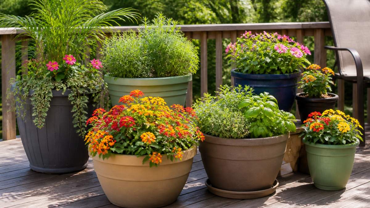 Vibrant outdoor patio setting with multiple high quality garden planters in different sizes and colors containing colorful flowers and green herbs, arranged on a wooden deck with natural sunlight illuminating the thriving plants