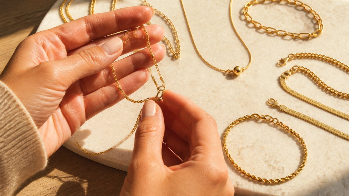 Close-up of hands examining delicate gold necklaces and bracelets in natural sunlight, showing fine detail of chain links, clasps, and surface finish