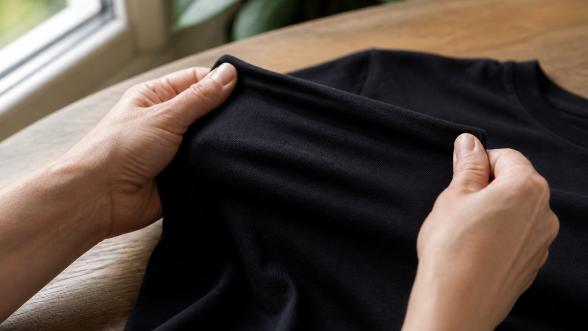 Close-up of hands stretching a soft black cotton t-shirt to show fabric recovery, natural window light on a wooden table