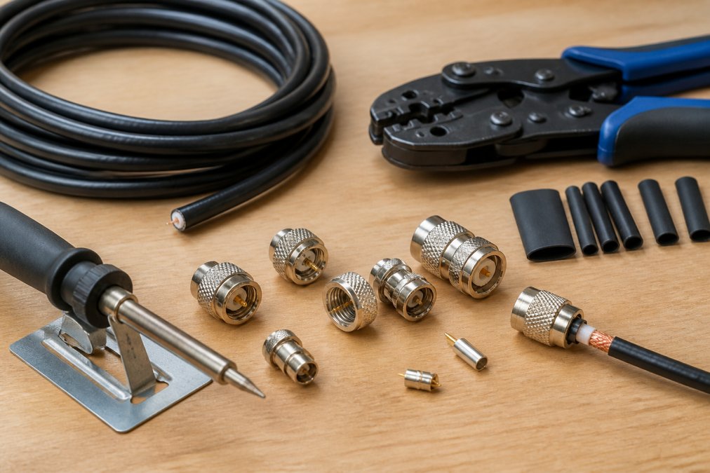 Workbench with coaxial cable, crimping tools, and high quality ham radio cables ready for assembly.