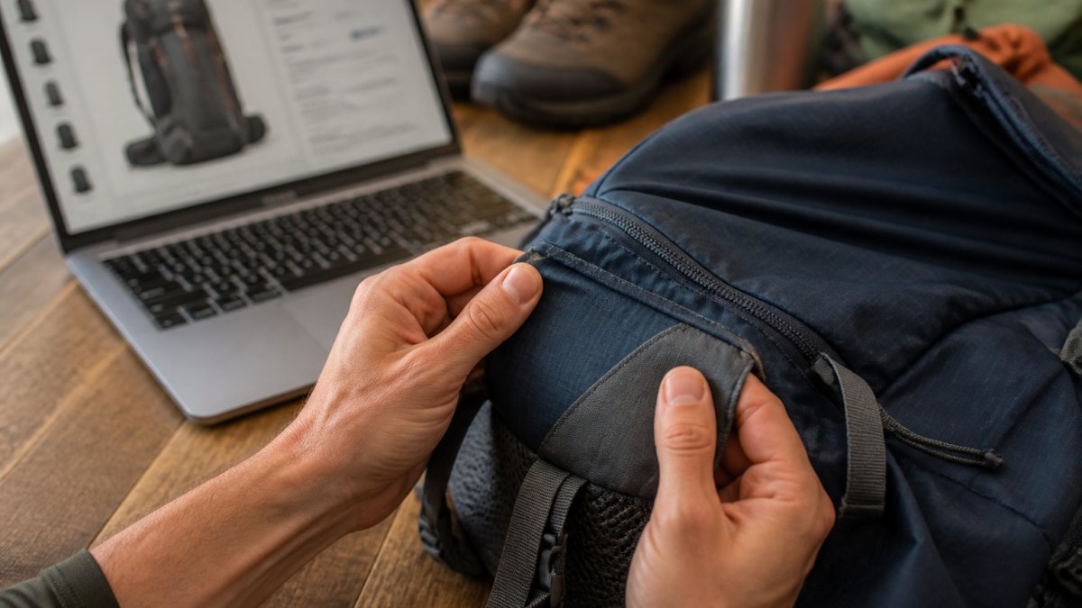 Close-up of hands checking backpack stitching and zippers while comparing online product details on a laptop
