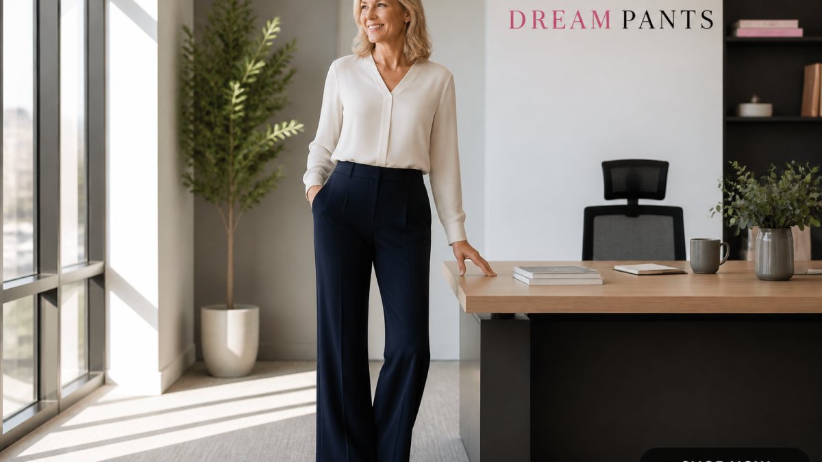 Professional woman in tailored wide-leg trousers and blouse standing confidently in a modern office setting, smiling while working at her desk with natural window lighting