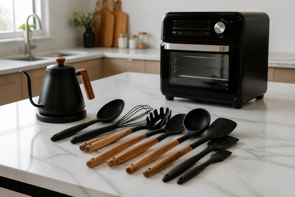Flat lay of premium kitchen tools arranged neatly on a clean white marble countertop: a gooseneck kettle, silicone utensil set, and an air fryer oven in the background