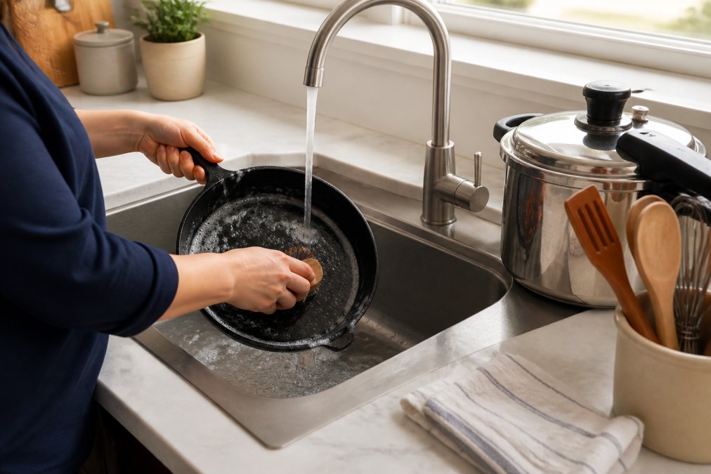 Person carefully hand-washing a cast iron pan at a kitchen sink, with wooden utensils and a stainless steel pressure cooker visible on the counter nearby