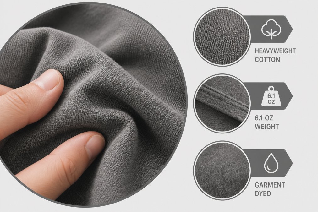 Close-up of heavyweight garment-dyed cotton fabric showing rich texture and weave detail, with fingers touching the material to demonstrate softness and hand-feel