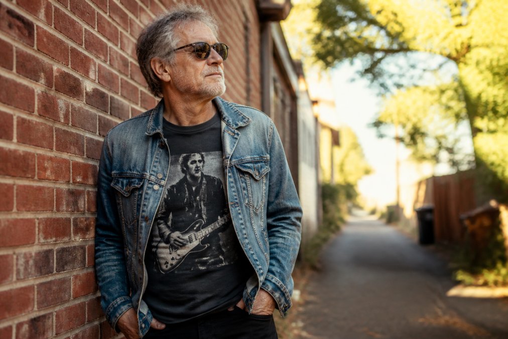 A 55-year-old man wearing a vintage-inspired rock graphic tee layered under a well-worn denim jacket, standing confidently in a casual setting with natural afternoon lighting