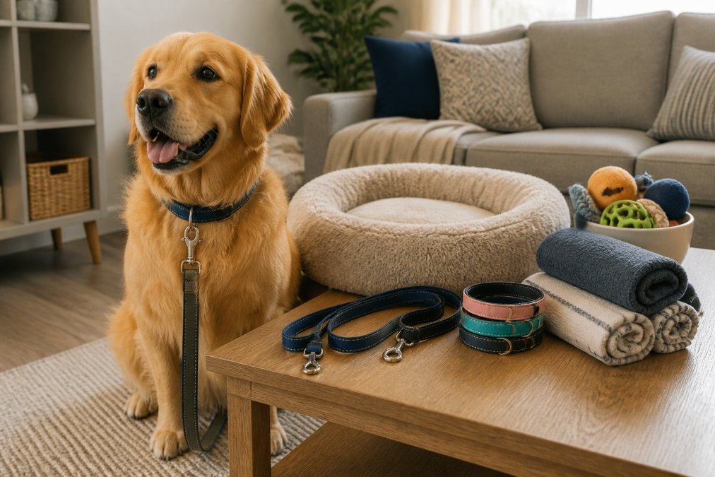 Infographic comparing high quality pet accessories online featuring a golden retriever with gear and a plush bed.