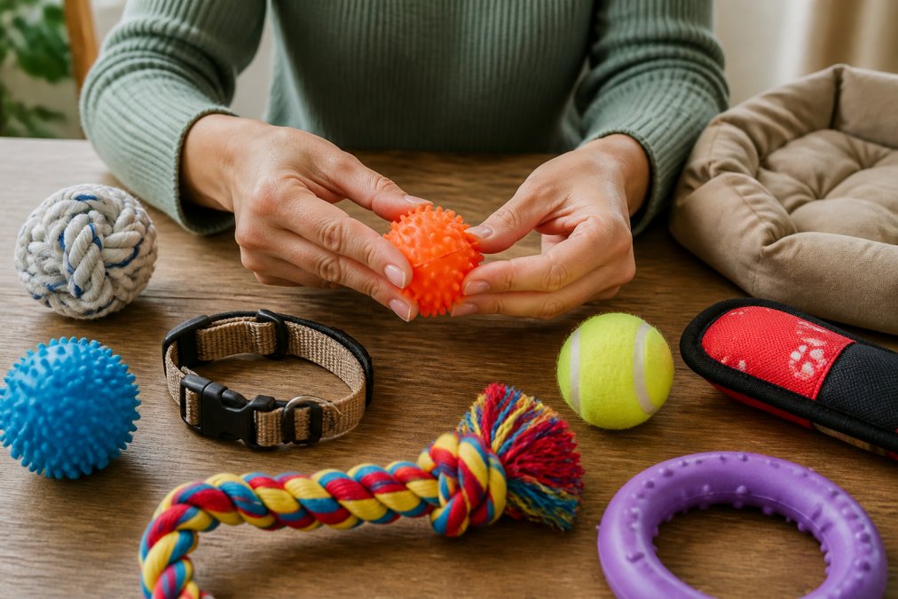 Close-up of hands examining various colorful pet toys and accessories on a wooden surface, with fingers checking seams and material durability in natural daylight
