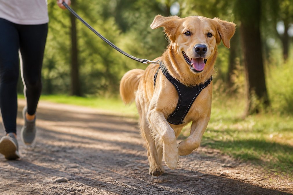 Active dog wearing a fitted harness and leash, running energetically through a sunlit park or trail with visible motion and outdoor scenery in background