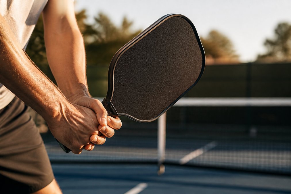 Close-up of a pickleball player's hands gripping a raw carbon fiber paddle, textured face and edge guard visible, blurred outdoor court and net in the background under late afternoon light