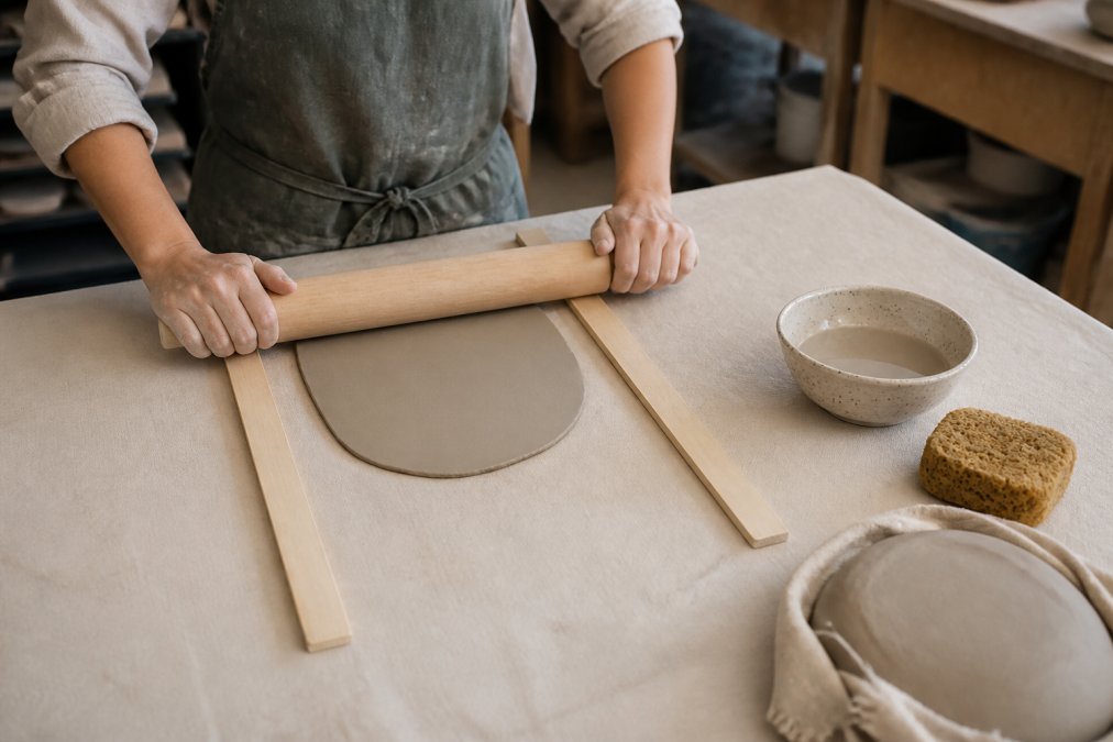 A potter's hands using a rolling pin and wooden guides to roll a flat clay slab on a canvas-covered worktable, with a bowl of slip and a sponge nearby