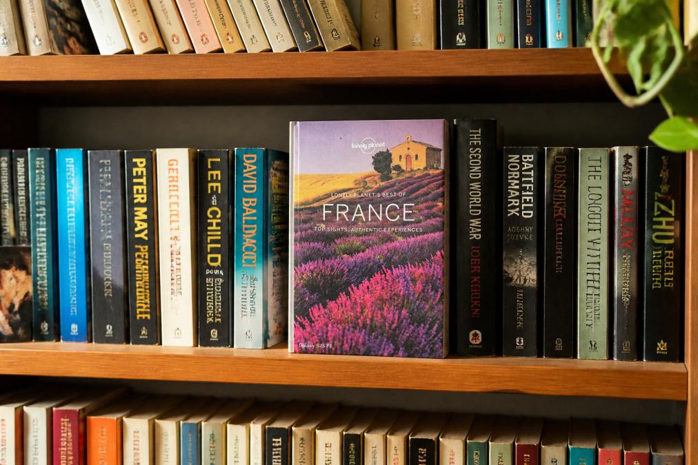 Arranged collection of preloved books in various genres displayed on a wooden shelf with warm natural lighting, showing different coloured spines and varied book sizes