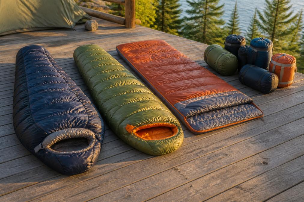 Mummy and rectangular high quality sleeping bags laid out on a wooden campsite deck at golden hour